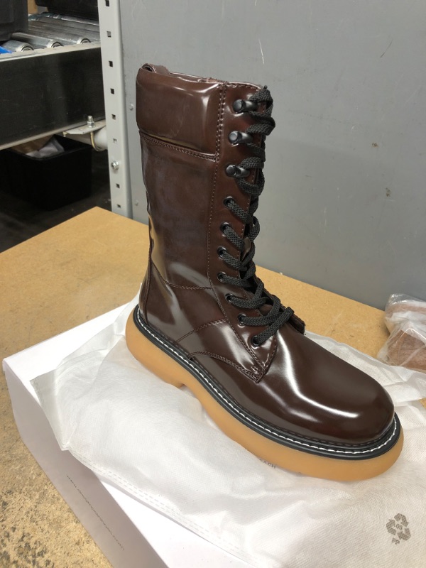 Photo 2 of DREAM PAIRS Women's Platform Combat Boots, Chunky Lug Sole Lace Up Leather Boots, Mid Calf Boots 9.5 Brown