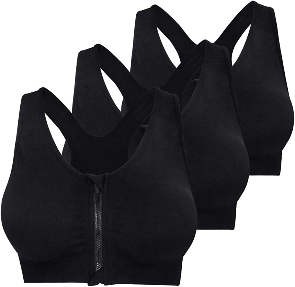 Photo 1 of 2 SETS - Fapreit Women's Zip Front Closure Sports Bra - Seamless Wirefree Post Surgery Zipper Padded Racerback Workout Gym Yoga Bras (Black & Grey). 