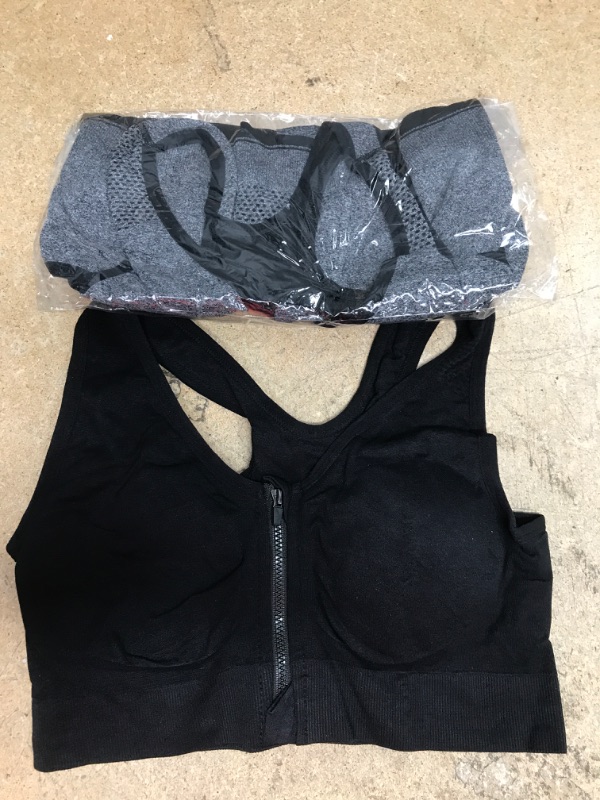 Photo 2 of 2 SETS - Fapreit Women's Zip Front Closure Sports Bra - Seamless Wirefree Post Surgery Zipper Padded Racerback Workout Gym Yoga Bras (Black & Grey). 