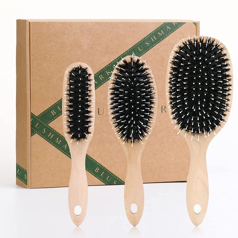 Photo 1 of Boar Bristle Hair Brush, Hairbrush for Thick Curly Thin Long Short Hair, Paddle Hair Brush for Men Women Kids, Boar & Nylon Bristle Brush Set for Wet or Dry Hair Smoothing Massaging Detangling (Maple + boar)
