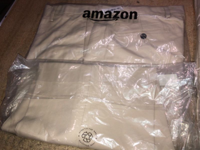 Photo 2 of Amazon Essentials Men's Classic-Fit Expandable-Waist Flat-Front Dress Pant Polyester Stone 36W x 33L