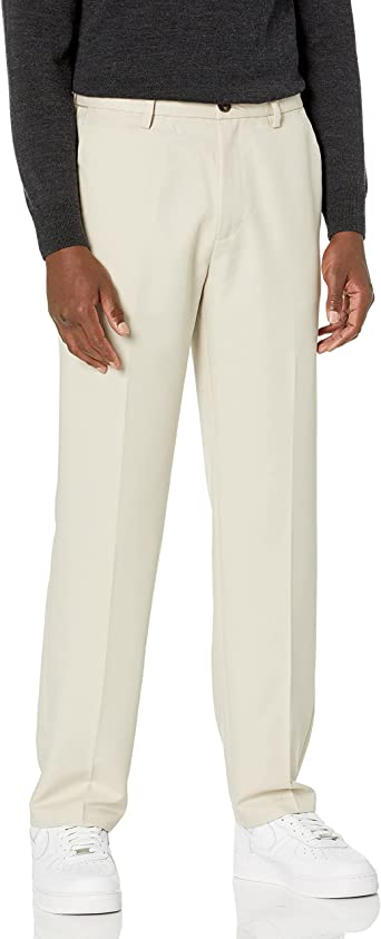 Photo 1 of Amazon Essentials Men's Classic-Fit Expandable-Waist Flat-Front Dress Pant Polyester Stone 36W x 33L