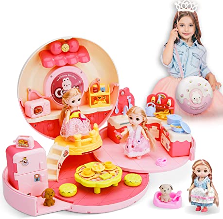 Photo 1 of AIRNEY Doll House Playset-Portable Dollhouse Case with 2 Girl Dolls Figures, Pet Dog, Doll House Furniture Toys and Accessories, Girls Pretend Play DIY Toy House Gifts for Girls Age 3 4 5 6 Year Old
