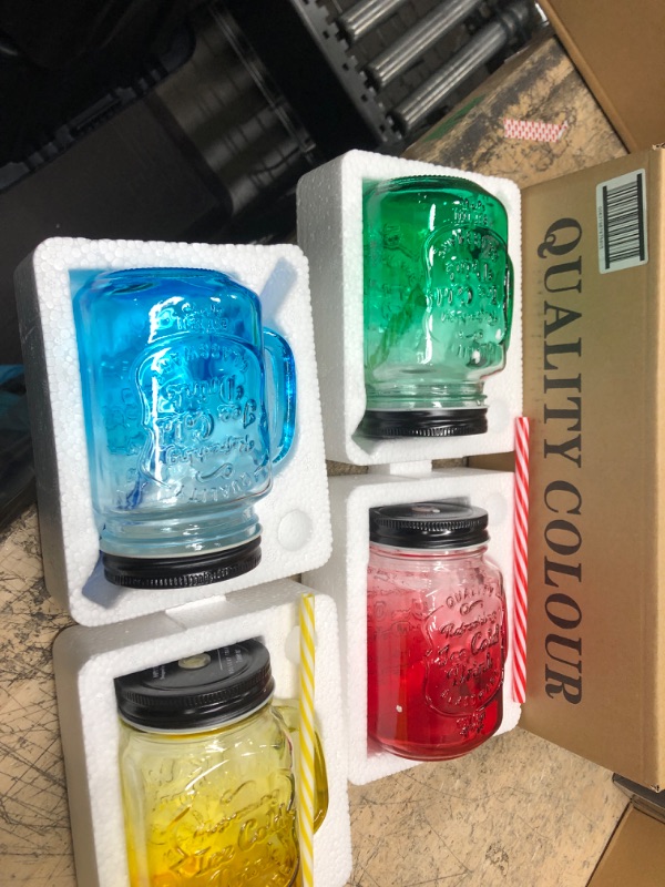 Photo 2 of 16 oz mason jars drinking glasses mugs with handles colorful straw and lids colored glass Old Fashioned Bottles Cup 4 pack for drinks coffee lemonade water
