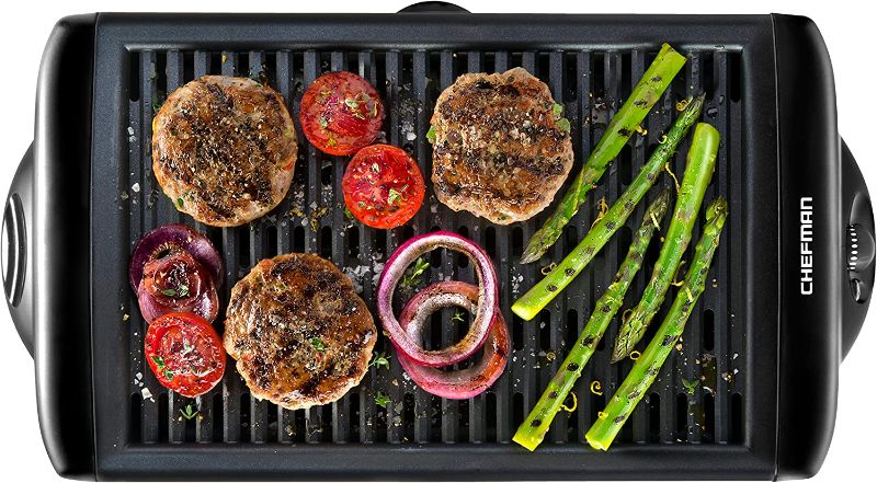 Photo 1 of Chefman Electric Smokeless Indoor Grill w/Non-Stick Cooking Surface & Adjustable Temperature Knob from Warm to Sear for Customized BBQing, Dishwasher Safe Removable Water Tray, Black
