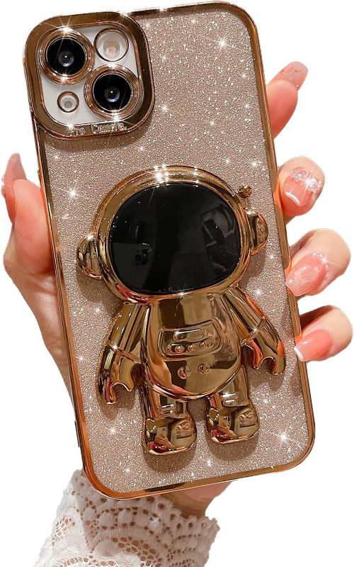 Photo 1 of *COLOR MAY VARY* Jusnfu Astronaut Stand Case for iPhone 13 Pro Max with Camera Lens Protector | Luxury Glitter Cute Case for Women Girls | 6D Plating Hidden Stand Shockproof Slim Phone Case 6.7 Inch | Gold