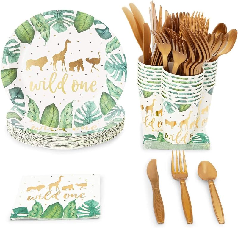 Photo 1 of 144 Piece Wild One Party Supplies for First Birthday Decorations for Boys and Girls, Jungle Safari Theme Dinnerware with Paper Plates, Napkins, Cups, and Cutlery (Serves 24)
