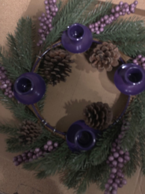 Photo 2 of [Safety Fire Retardant] Christmas Purple Advent Wreath Decoration, Realistic Spruce Christmas Centerpiece with 4 Candle Holder Pinecone 6 Berry Advent Decor for Table Holiday Home Church (No Candles)