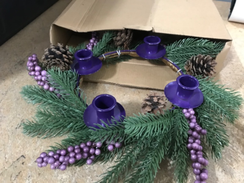 Photo 2 of [Safety Fire Retardant] Christmas Purple Advent Wreath Decoration, Realistic Spruce Christmas Centerpiece with 4 Candle Holder Pinecone 6 Berry Advent Decor for Table Holiday Home Church (No Candles)