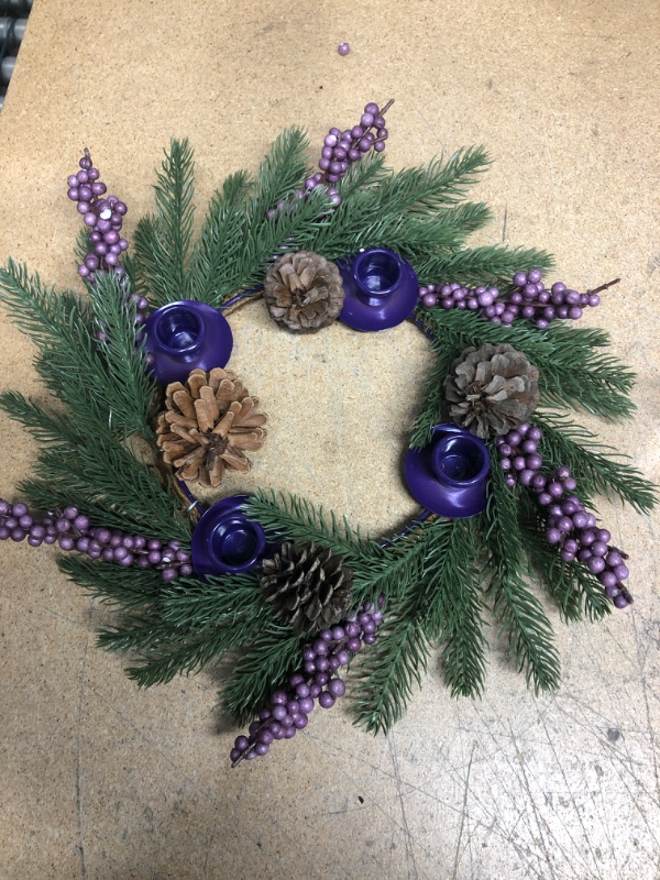 Photo 2 of [Safety Fire Retardant] Christmas Purple Advent Wreath Decoration, Realistic Spruce Christmas Centerpiece with 4 Candle Holder Pinecone 6 Berry Advent Decor for Table Holiday Home Church (No Candles)