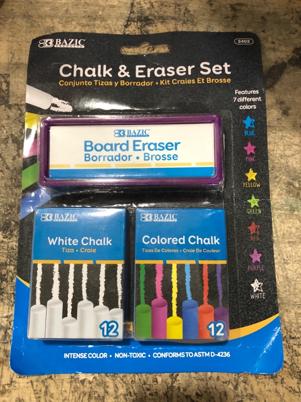 Photo 2 of BAZIC Products Colored (12 Pcs) + White (12 Pcs) Chalk + Premium Chalkboard Eraser Bundle, Non-Toxic Kids Art Office Classroom Store Home, 1-Pack Chalk/Eraser Set 24 Count (Pack of 1)