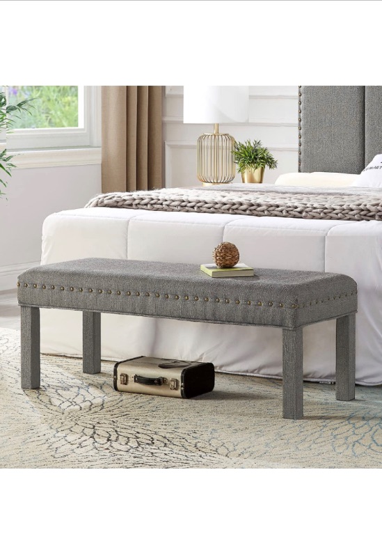 Photo 1 of 24KF Upholstered Linen Bed Bench with Nail Head Trim,Padded Tufted Bench - Granite