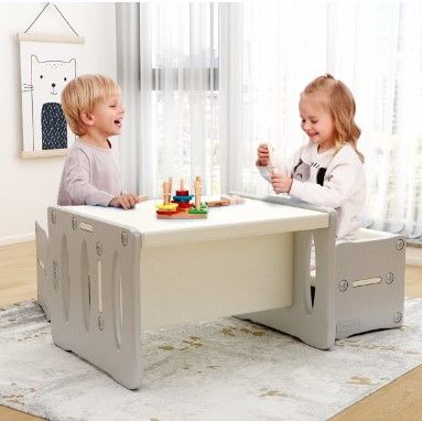 Photo 1 of BanaSuper Kid's Table and 2 Chairs Set Plastic Activity Table for Toddlers Children Desk-Grey
