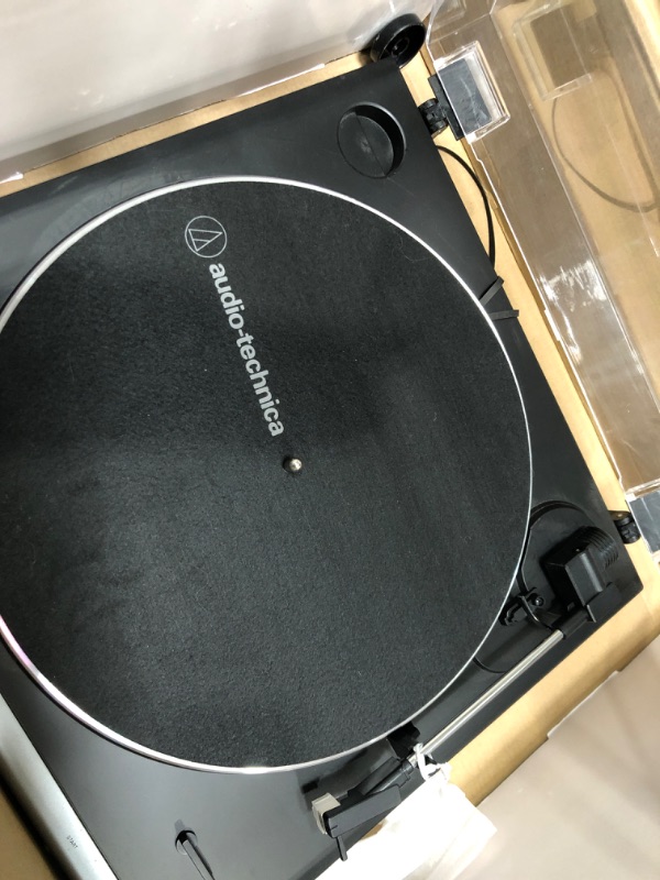 Photo 3 of Audio-Technica AT-LP60X-GM Fully Automatic Belt-Drive Stereo Turntable, Gunmetal/Black, Hi-Fi, 2 Speed, Dust Cover, Anti-Resonance, Die-Cast Aluminum Platter Silver ***Unable to Test Item no Power Cord***