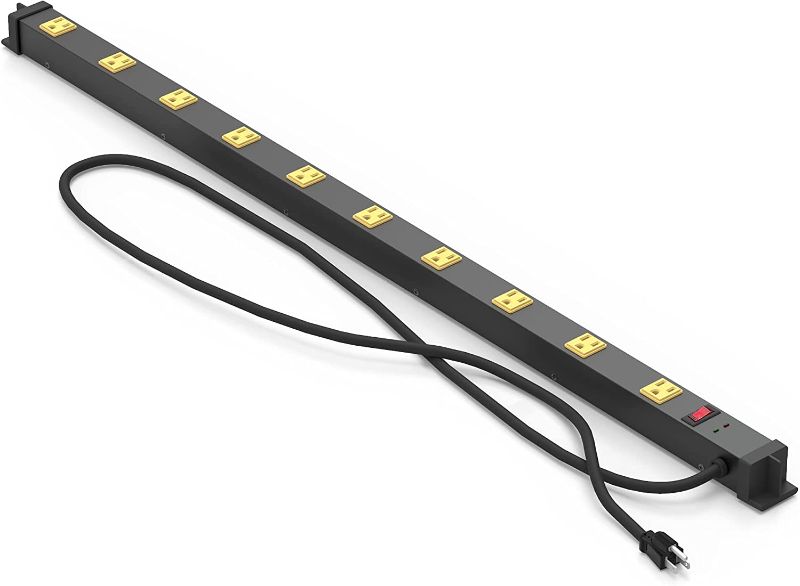 Photo 1 of 10 Outlet Long Power Strip Surge Protector, Heavy Duty Industrial Metal Power Strip 6 Feet, Wall Mountable, for Work Bench, Shop, Garage, Black (1000 Joules)