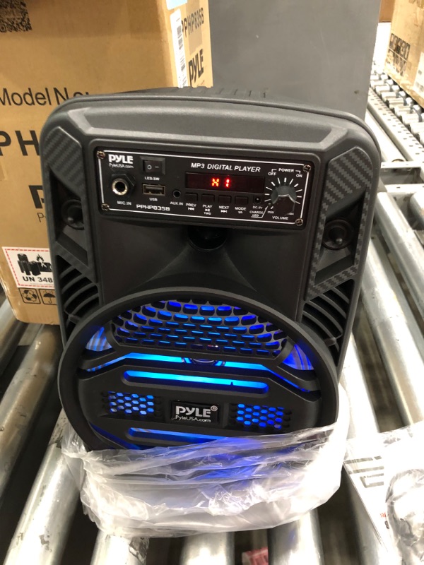 Photo 2 of Portable Bluetooth PA Speaker System - 300W Rechargeable Outdoor Bluetooth Speaker Portable PA System w/ 8” Subwoofer 1” Tweeter, Microphone In, Party Lights, MP3/USB, Radio, Remote - Pyle PPHP835B