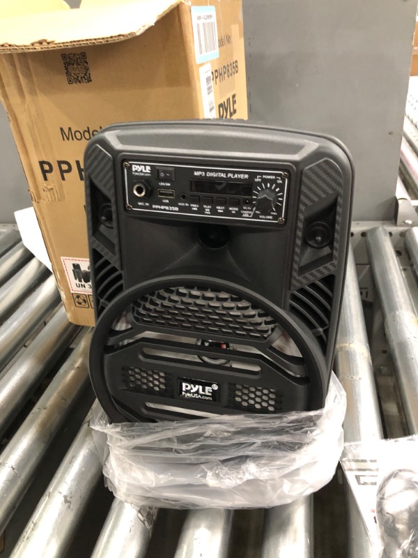 Photo 3 of Portable Bluetooth PA Speaker System - 300W Rechargeable Outdoor Bluetooth Speaker Portable PA System w/ 8” Subwoofer 1” Tweeter, Microphone In, Party Lights, MP3/USB, Radio, Remote - Pyle PPHP835B