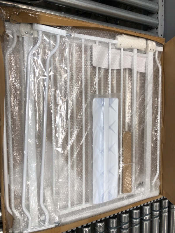 Photo 1 of COSEND Extra Wide Baby Gate Tension Indoor Safety Gates White Metal Large Pressure Mounted Pet Gate Walk Through Long Safety Dog Gate for The House Doorways Stairs (62.2"-66.93"/158-170CM, White)

