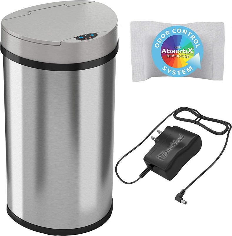 Photo 1 of *Missing Cord* iTouchless 13 Gallon Semi-Round Extra-Wide Opening Sensor Touchless Trash Can with AC Adapter and Odor Control System, Stainless Steel Silver Garbage Bin
