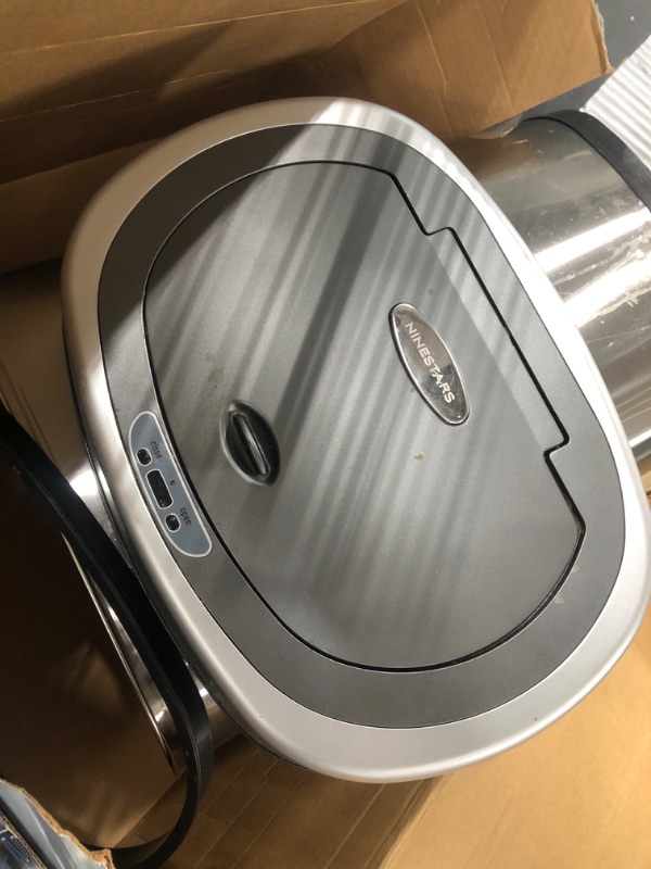 Photo 1 of NINESTARS DZT-50-9 Automatic Touchless Infrared Motion Sensor Trash Can, 13 Gal 50L, Stainless Steel Base (Oval, Silver/Black Lid)