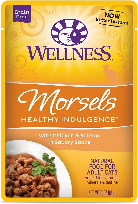 Photo 1 of (EXP: JUL, 2023) Wellness Healthy Indulgence Morsels Grain-Free Wet Cat Food, Made with Natural Ingredients, Proteins, Complete and Balanced Meal, 3 oz Pouches (Chicken & Salmon, 24 Pack)
