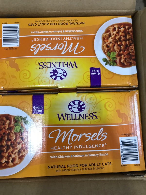 Photo 2 of (EXP: JUL, 2023) Wellness Healthy Indulgence Morsels Grain-Free Wet Cat Food, Made with Natural Ingredients, Proteins, Complete and Balanced Meal, 3 oz Pouches (Chicken & Salmon, 24 Pack)
