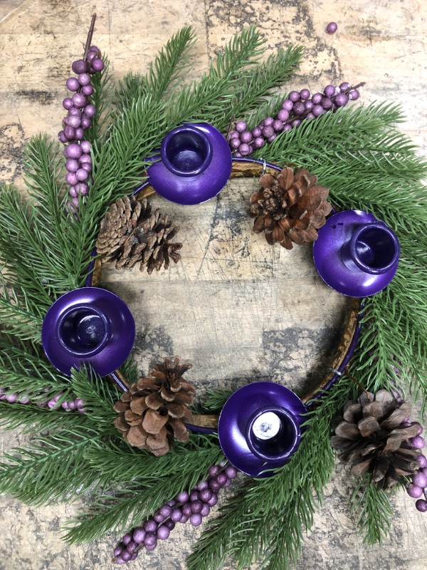 Photo 2 of [Safety Fire Retardant] Christmas Purple Advent Wreath Decoration, Realistic Spruce Christmas Centerpiece with 4 Candle Holder Pinecone 6 Berry Advent Decor for Table Holiday Home Church (No Candles)