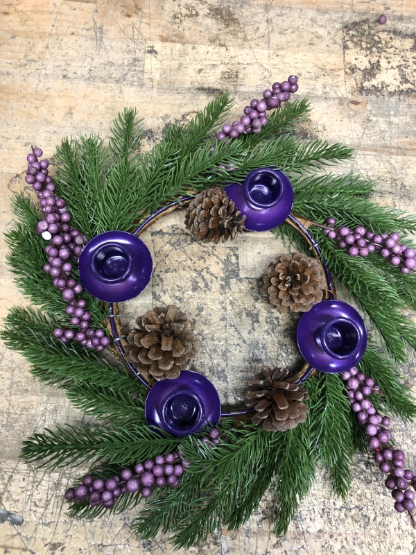 Photo 2 of [Safety Fire Retardant] Christmas Purple Advent Wreath Decoration, Realistic Spruce Christmas Centerpiece with 4 Candle Holder Pinecone 6 Berry Advent Decor for Table Holiday Home Church (No Candles)