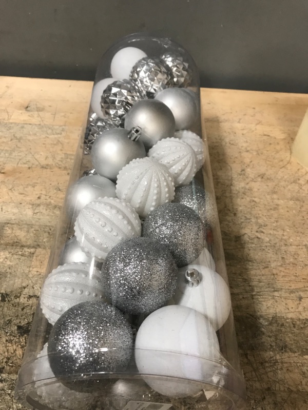 Photo 2 of 45PCS 2.36"(60mm) Christmas Ball Ornaments, Shatterproof Plastic Ball Present for Xmas Trees,Festival, Home Party and Wedding Party,Small Size Christmas Tree Ornaments(Silver/White)