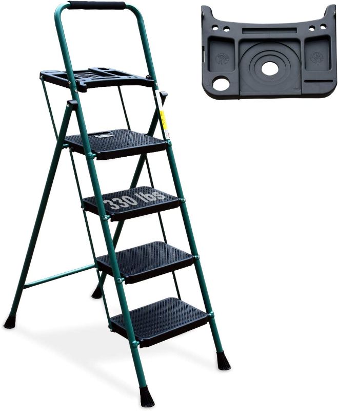 Photo 1 of 4 Step Ladder, HBTower Folding Step Stool with Tool Platform, Wide Anti-Slip Pedal, Sturdy Steel Ladder, Convenient Handgrip, Lightweight 330lbs Portable Steel Step Stool, Green and Black
