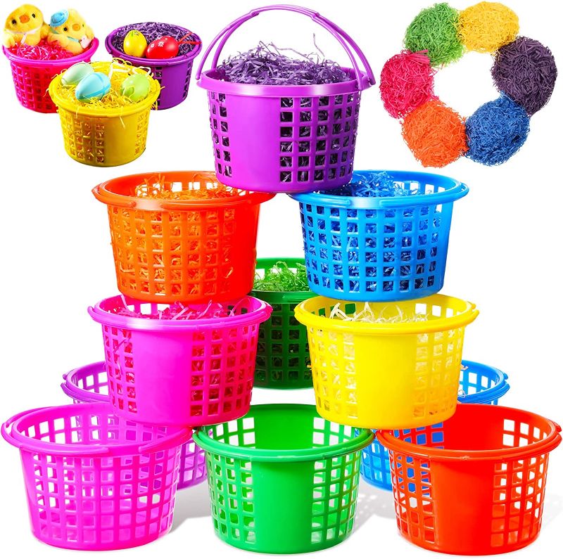 Photo 1 of 21 Pcs Multicolor Easter Baskets with Handles and 6 Pcs Easter Grass Stuffers Plastic Picnic Basket Kids Small Baskets Shelf Baskets Easter Basket Grass...
