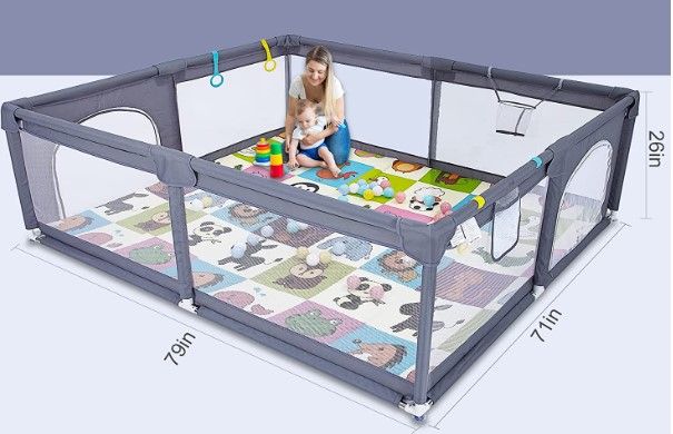 Photo 1 of Baby Playpen with Mat, 79”×71” Extra Large Playpen for Babies and Toddlers, Play Yard for Baby with Ocean Ball, No Gap Baby Fence Area with Breathable Mesh, Safety Baby Gate Playpen(Grey)