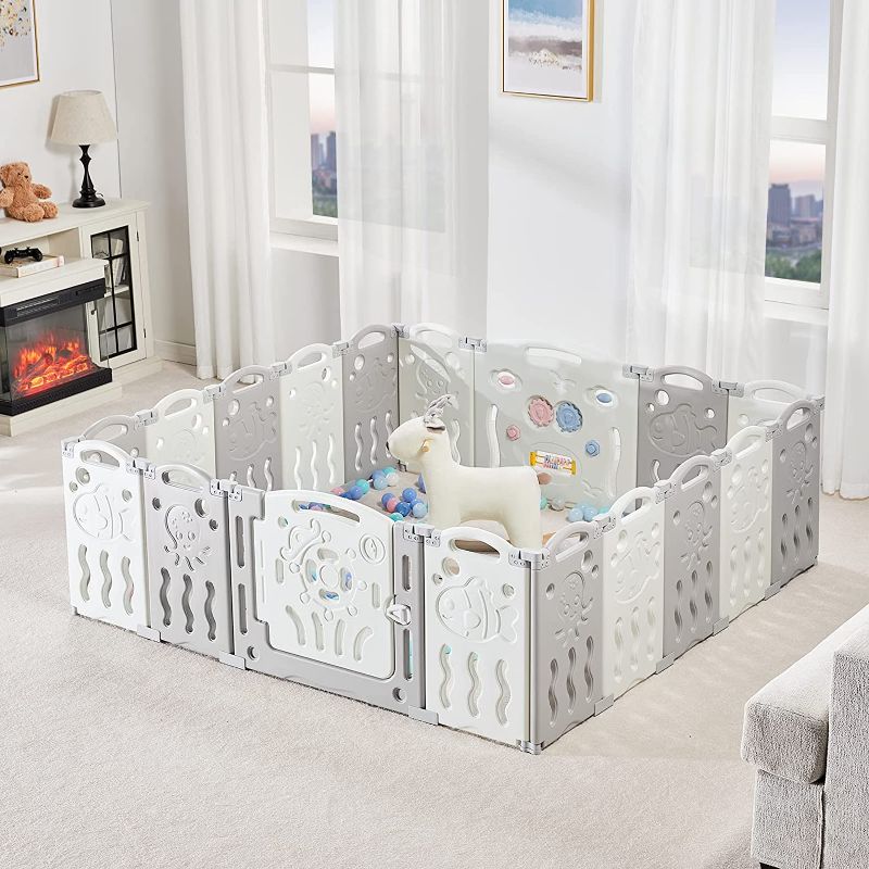 Photo 1 of 18 Panels Foldable Baby Fence with Game Panel and Safety Gate, Adjustable Shape