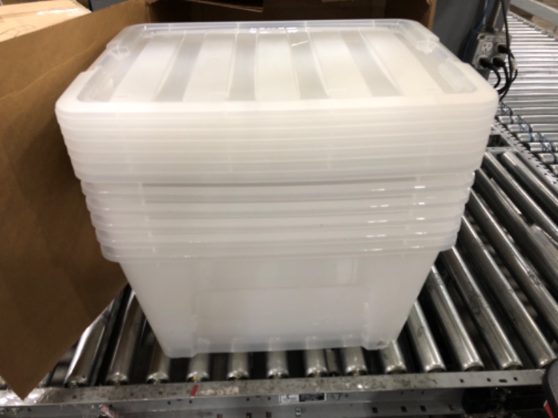Photo 2 of "DAMAGE ON ONE OF THE BINS" IRIS USA 53 Qt. Plastic Storage Container Bin with Secure Lid and Latching Buckles, 6 pack - Clear, Durable Stackable Nestable Organizing Tote Tub Box Sports General Organization Garage Large