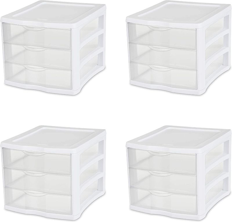 Photo 1 of Sterilite 17918004 3 Drawer Unit, White Frame with Clear Drawers, Pack of 4
