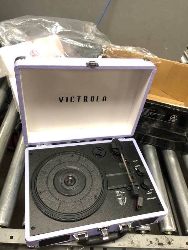 Photo 2 of Victrola Vintage 3-Speed Bluetooth Portable Suitcase Record Player with Built-in Speakers | Upgraded Turntable Audio Sound | Lavender (VSC-550BT-LVG) Lavender/Silver Record Player