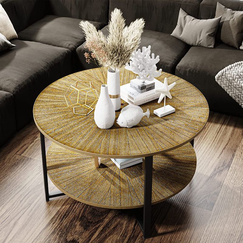 Photo 1 of 3imothrix Round Wood Coffee Table, Coffee Table with Storage Open Shelf, 31.49 inch 2 Tier Solid Wood Veneer Circle Coffee Table for Living Room
