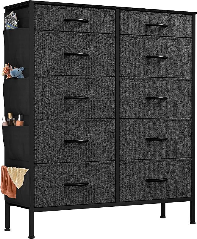 Photo 1 of  NEW. YITAHOME 10 Drawer Fabric Dresser, Dresser for Bedroom, Nursery, Closets, Tall Storage Tower with Side Pockets, Sturdy Steel Frame, Wooden Top, Black Ash
