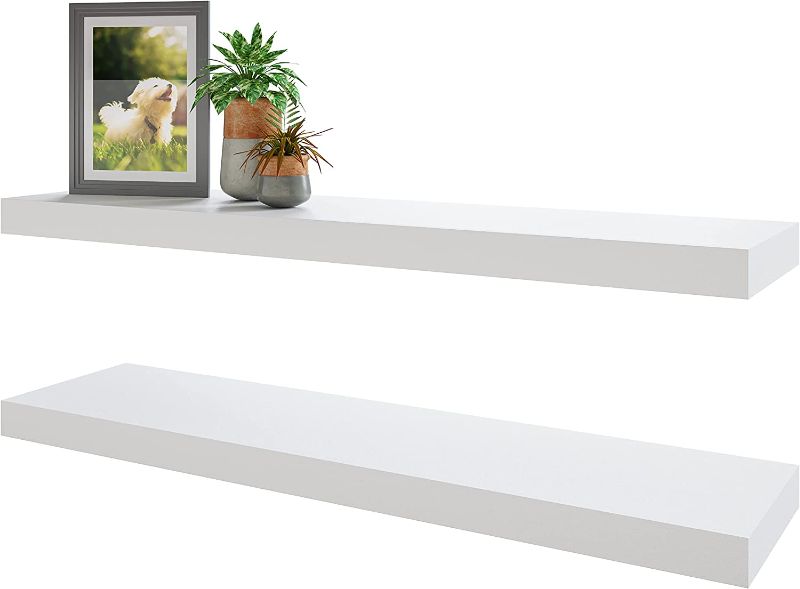 Photo 1 of  NEW BAMEOS Floating Shelves, White Wall Mounted Wooden Shelves with Invisible Brackets Set of 2, Hanging Wall Shelves Decoration for Bedroom, Bathroom, Living Room and Kitchen
