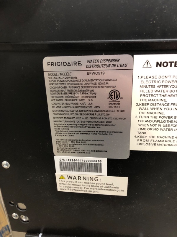 Photo 3 of **** POWERS ON - NOT ABLE  TO FULLY TEST *** Frigidaire EFWC519 Stainless Steel Water Cooler/Dispenser, standard, Stainless Stainless TOP-LOAD Cooler