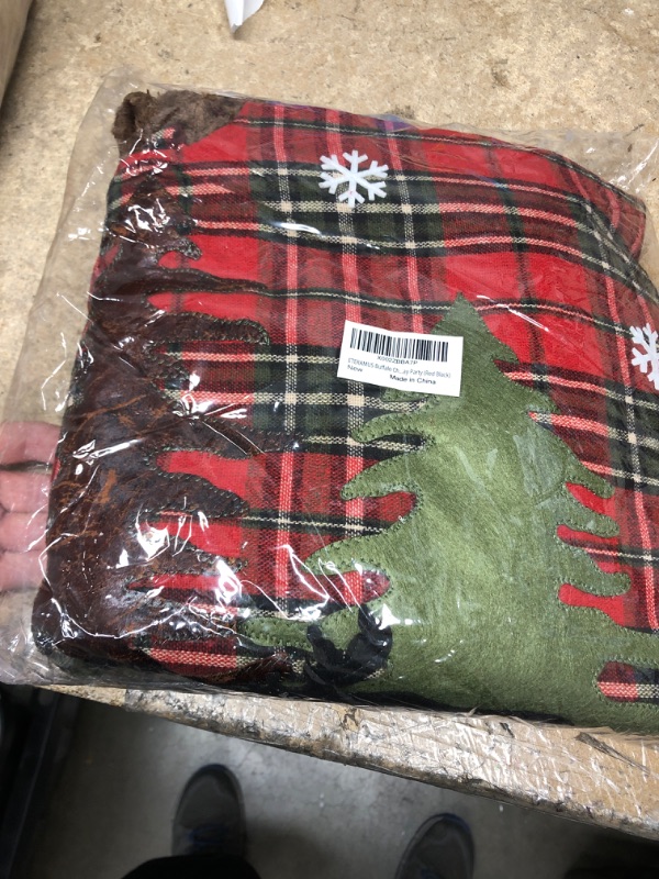 Photo 2 of **NEW**   ETERAMUS 48 Inch Christmas Tree Skirt Black Red Buffalo with Reindeer Moose Snowflake Tree Design, Large Plaid Animal Xmas Tree Mat Blanket with Faux Fur for Home Holiday Party Red Black