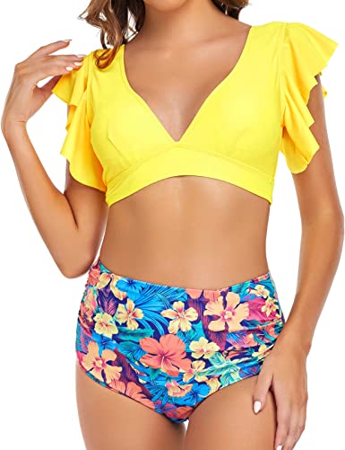 Photo 1 of Edelqual Bathing Suit for Women High Waisted Bikini Swimsuit Ruffle Two Piece Deep V Swimwear (S)
