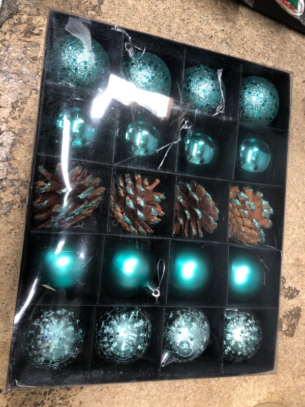 Photo 1 of 20 Pack Christmas Tree Ornaments Set Shatterproof Xmas Balls Baubles Set with Pine Cones Holiday Ornaments Balls for Christmas Decorations (60mm/2.36", Teal) 60mm/2.36" Teal
