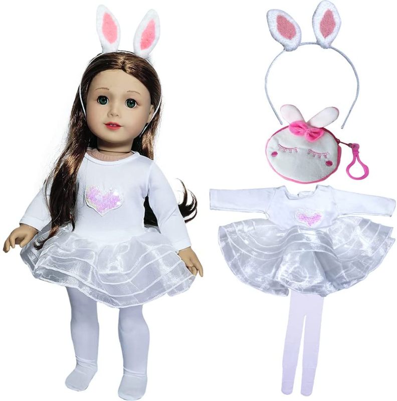 Photo 1 of Easter Bunny Clothes Set Outfits Includes Bunny Shape Bag,Bunny Headband,White Jumpsuit and Ballerina Skirt ! Fit 18 inch American Girl and Our Generation Dolls