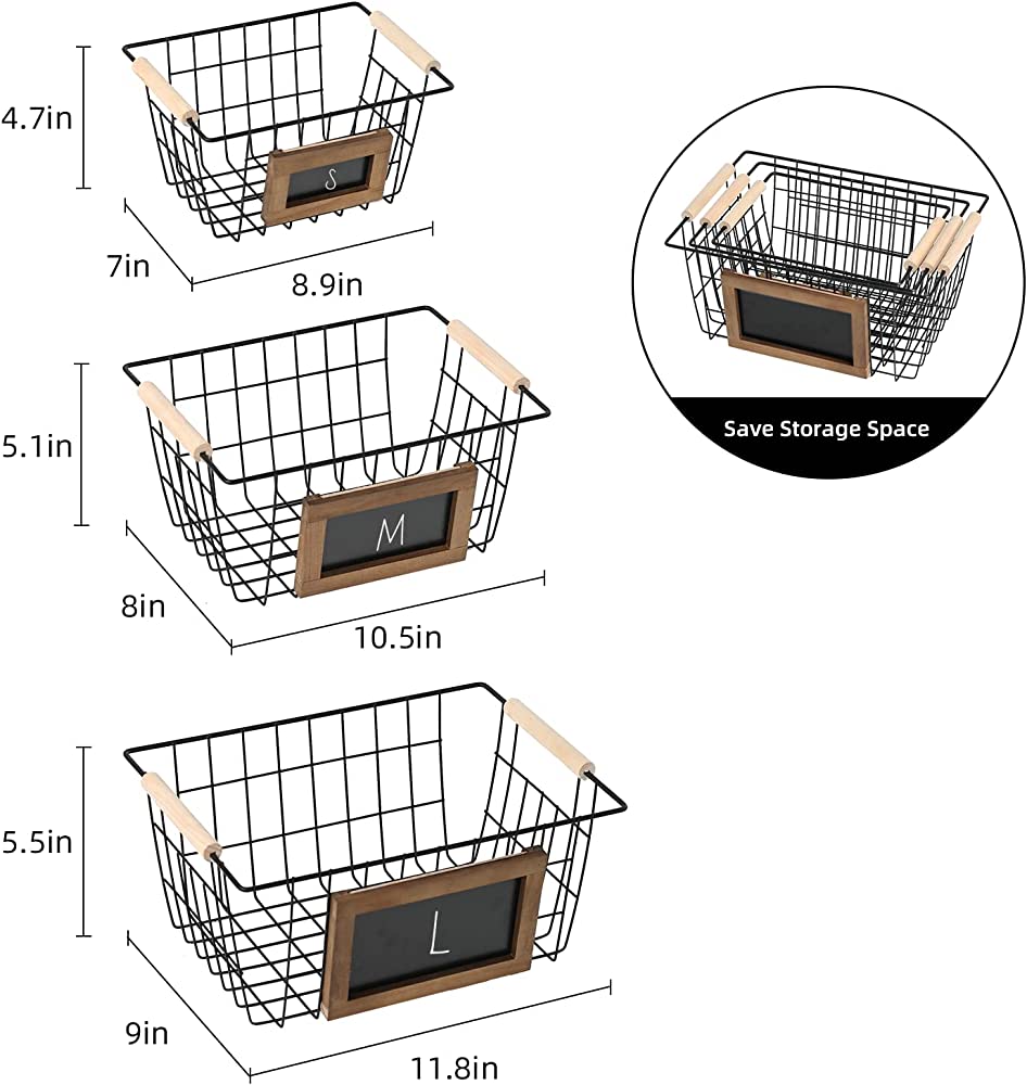 Photo 1 of **LARGE BASKET ONLY**
Wire Baskets for Storage Pantry, one Metal Wire Baskets with Chalkboard for Storage Shelves, Black Wire Basket with Wooden Handles, Farmhouse Organizer for Pantry Kitchen Cabinets Closets