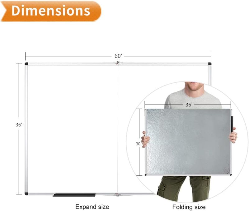 Photo 1 of VIZ-PRO Large Dry Erase White Foldable Whiteboard, 60 X 36 Inches, Silver Aluminium Frame with ledge and Accessories