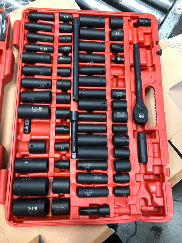 Photo 2 of **CASE DAMAGED/MISSING PARTS**  Neiko 02448A 1/2" Drive Master Impact Socket Set, 65Piece Deep & Shallow Socket Assortment & 02486A Impact Universal Joint Socket Swivel Set, 3 Piece, Cr-Mo, 1/4, 3/8, 1/2" Drive, Black Socket Set + Socket Set, 3 Piece