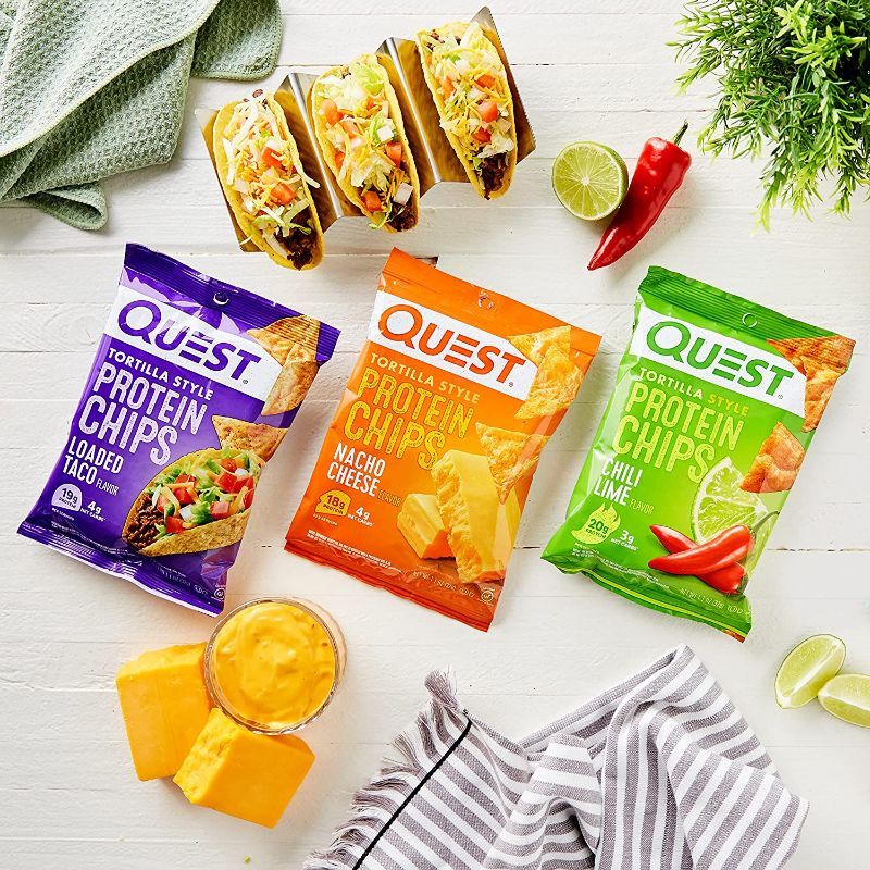 Photo 1 of Quest Nutrition Tortilla Style Protein Chips Variety Pack, Chili Lime, Nacho Cheese, Loaded Taco, 1.1 Ounce (Pack of 12) EXP 01/24