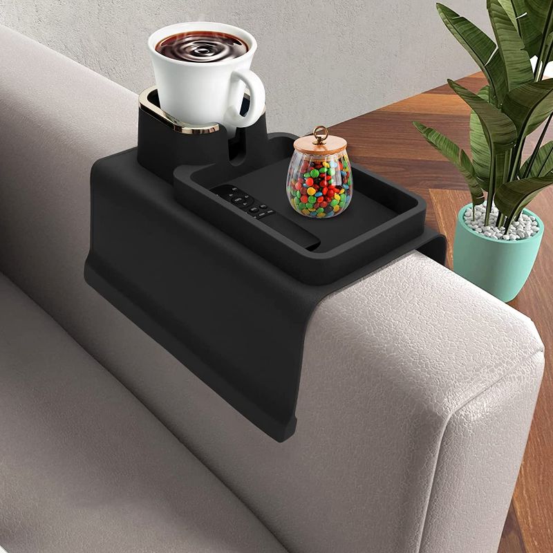 Photo 1 of Cup Holder for Sofa, Golleskk Silicone Anti-Slip Couch Coaster for Drink, TV Remote, Snacks, Coffee Cup, Cell Phone, Earbuds Storage, Flowing Tricolor