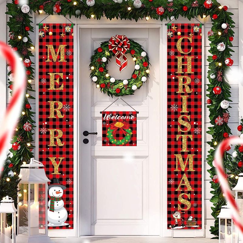 Photo 1 of  2 pack* YEHUARIS Christmas Decorations for Outdoor Indoor,Merry Christmas Decor Front Door Porch Banner for Home Kitchen Christmas Banner Red and Gold